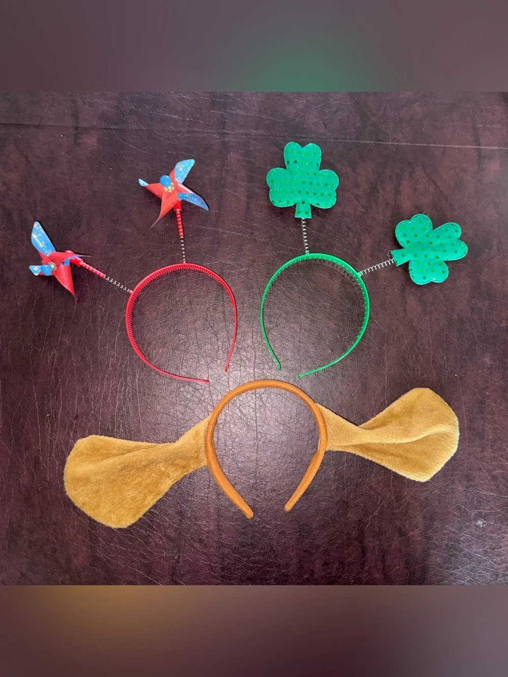 Kids Headband Trio — Red Pinwheel, Green Shamrock, Puppy ears
